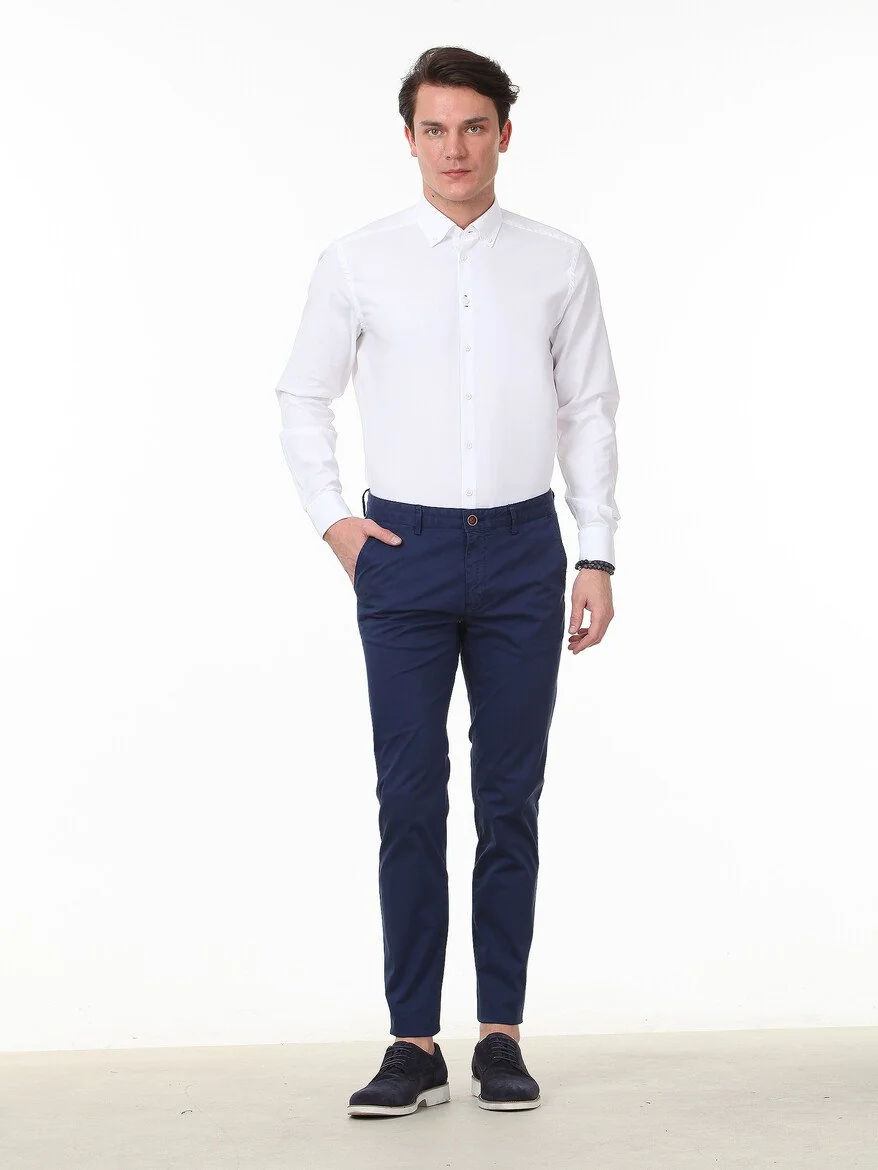 Gece Mavisi Düz Dokuma Regular Fit Casual Pamuk Karışımlı Pantolon - 2
