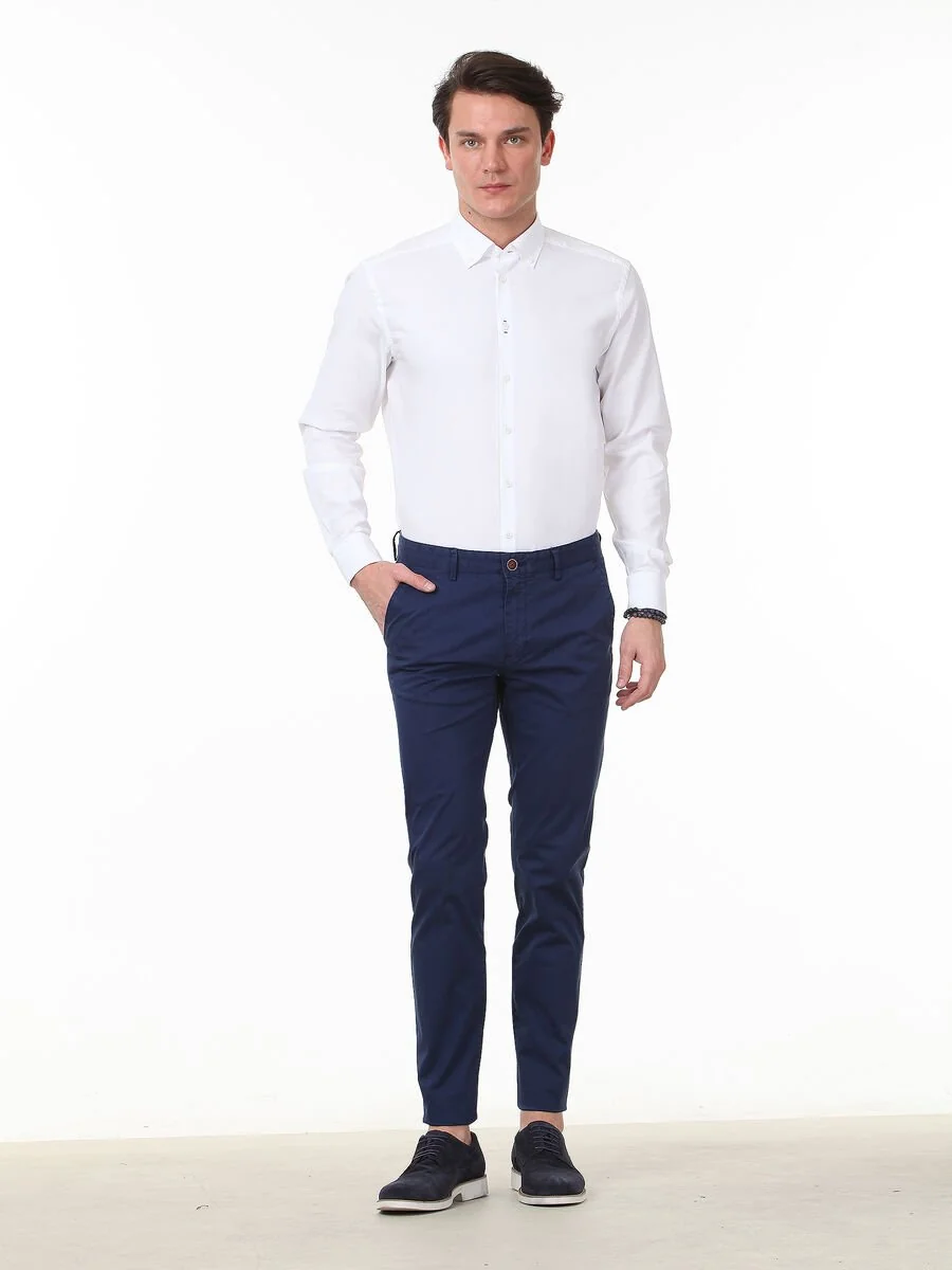 Gece Mavisi Düz Dokuma Regular Fit Casual Pamuk Karışımlı Pantolon - 2
