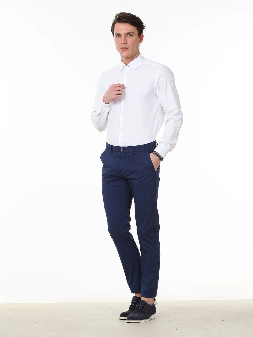 Gece Mavisi Düz Dokuma Regular Fit Casual Pamuk Karışımlı Pantolon - 3