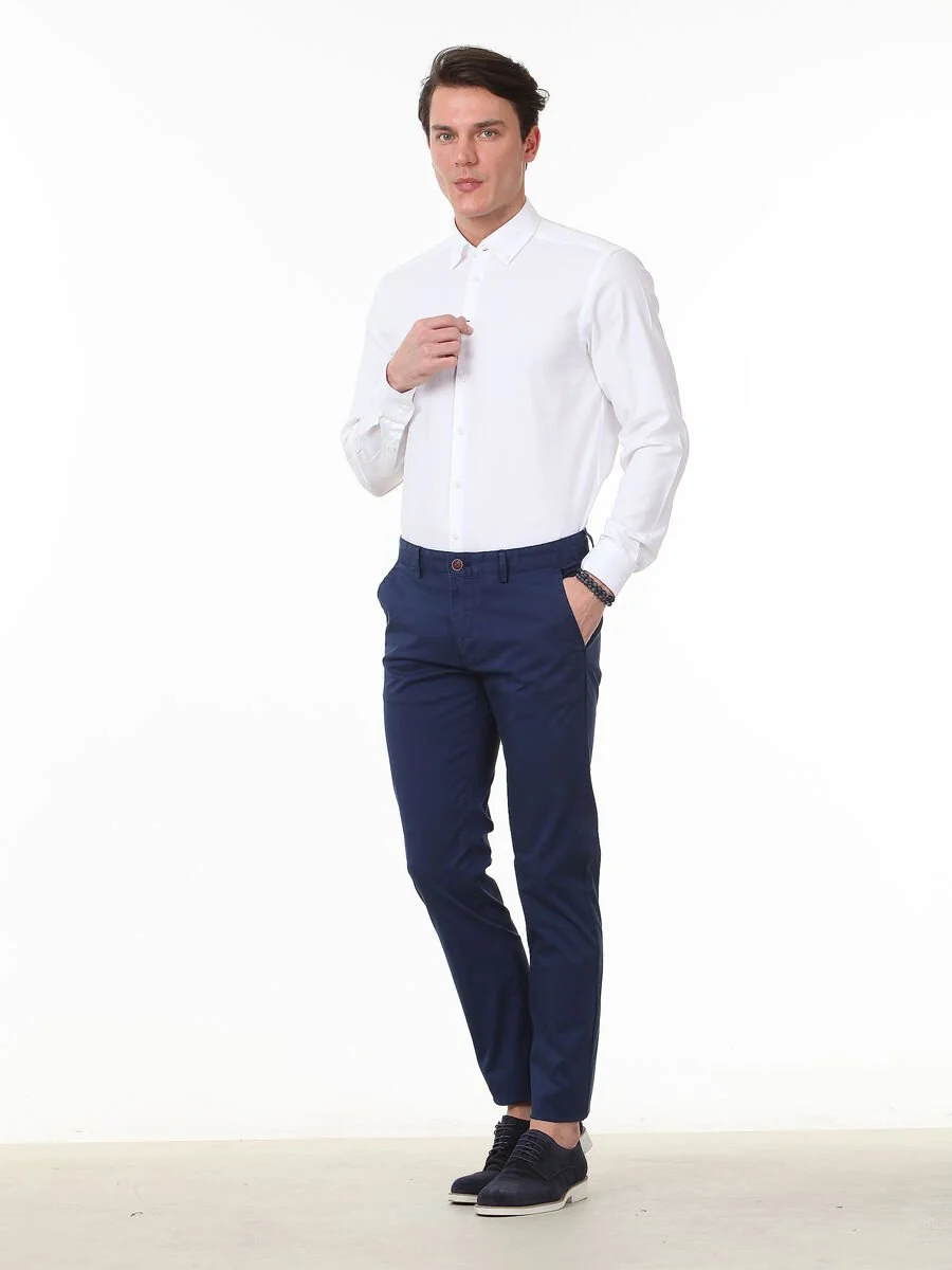 Gece Mavisi Düz Dokuma Regular Fit Casual Pamuk Karışımlı Pantolon - 3