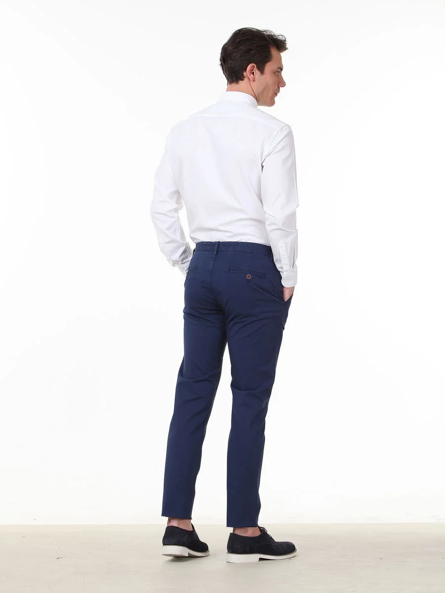 Gece Mavisi Düz Dokuma Regular Fit Casual Pamuk Karışımlı Pantolon - 4
