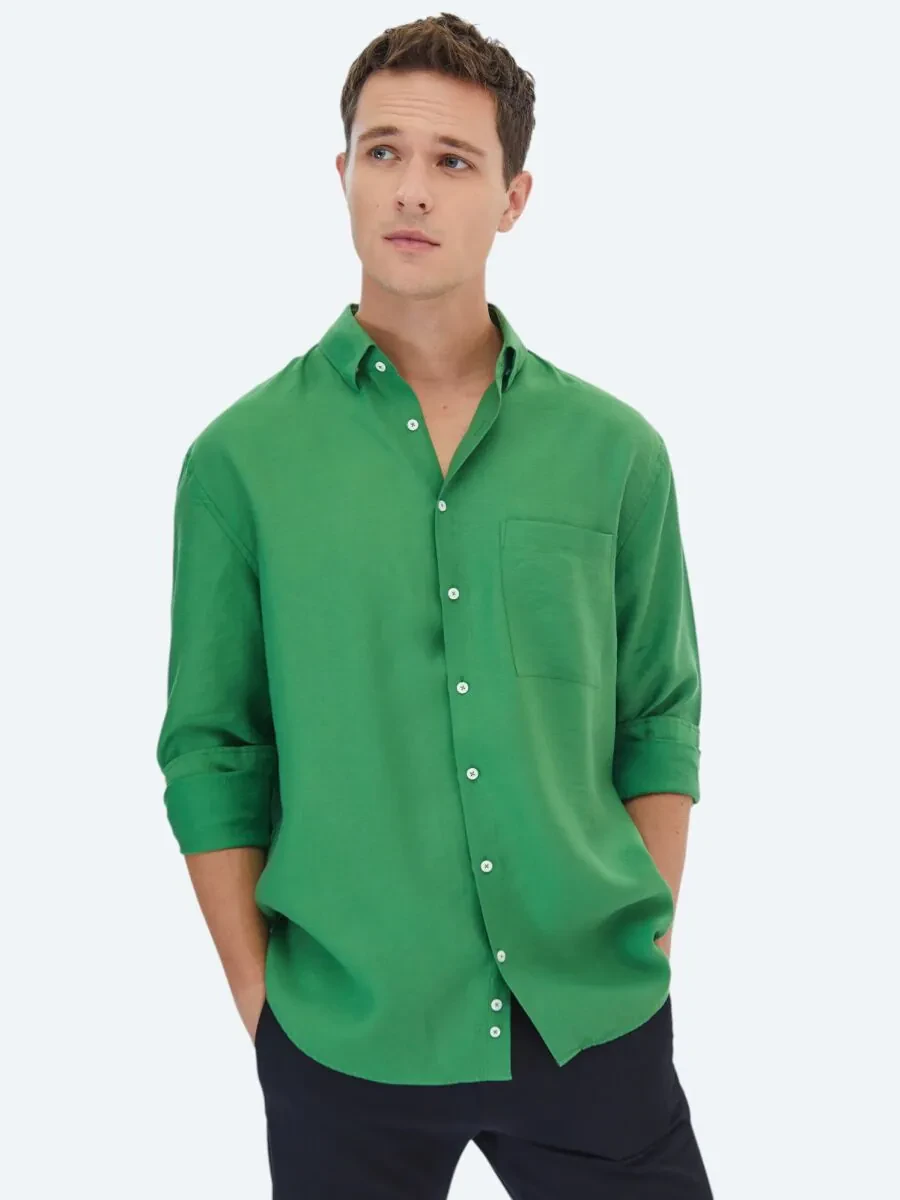 Green Plain Weaving Casual Shirt - 1