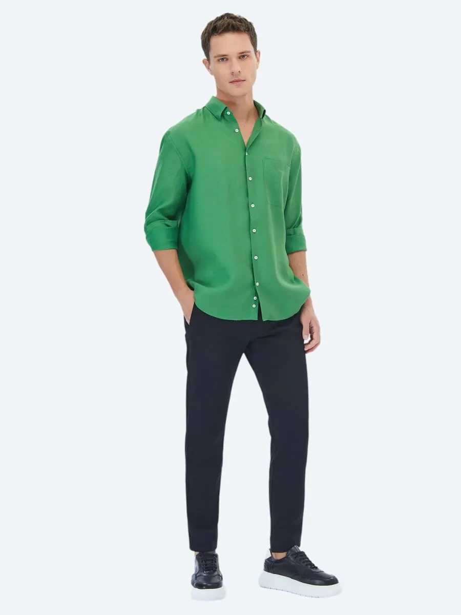 Green Plain Weaving Casual Shirt - 2