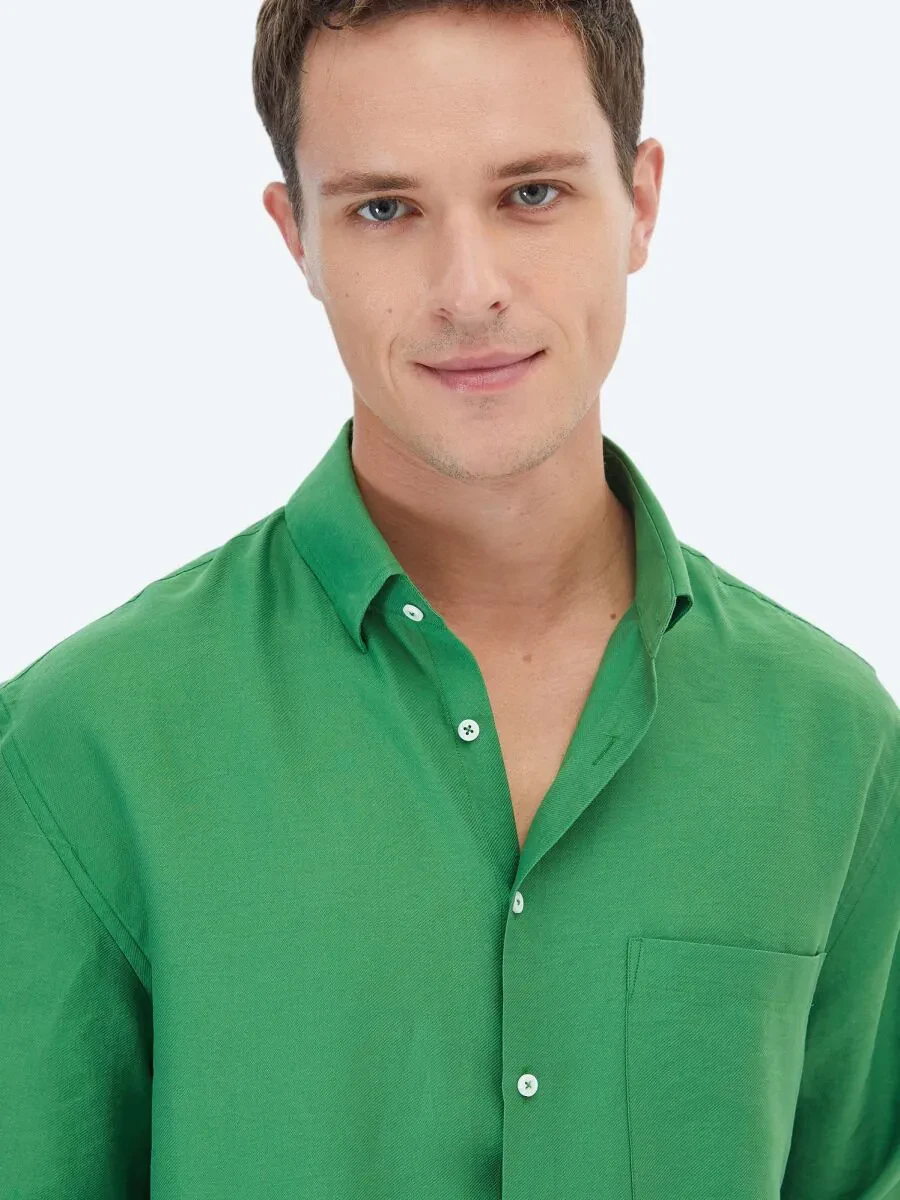 Green Plain Weaving Casual Shirt - 3