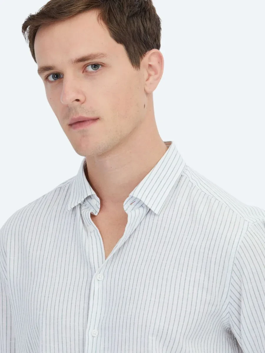Green Striped Regular Fit Weaving Casual Cotton Blended Shirt - 3