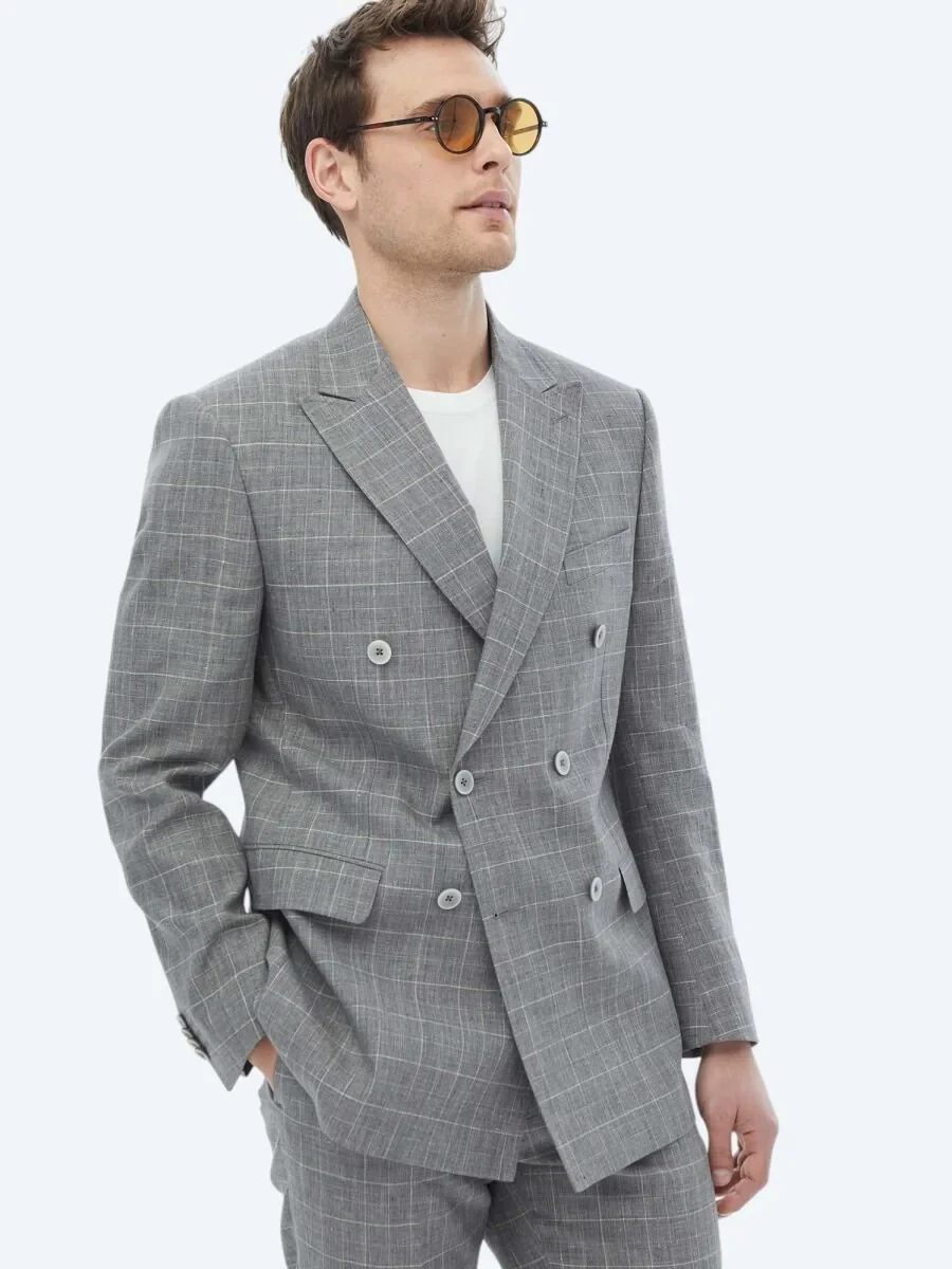 Grey Checkered Slim Fit Cotton Blended Suit - 2