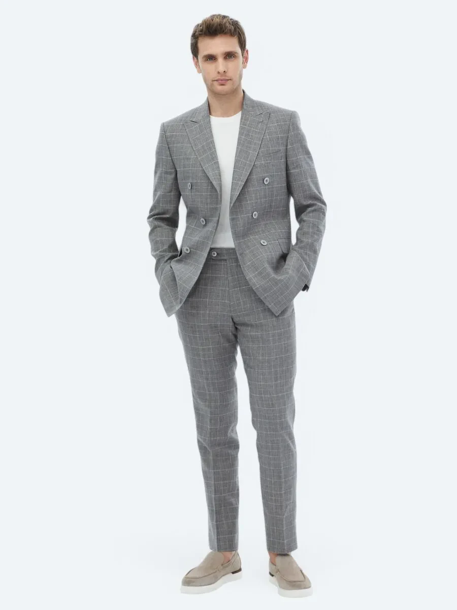Grey Checkered Slim Fit Cotton Blended Suit - 7
