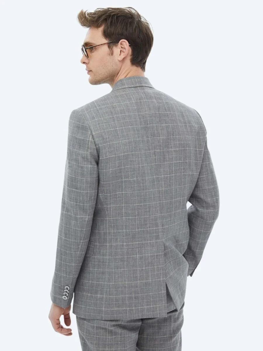 Grey Checkered Slim Fit Cotton Blended Suit - 8