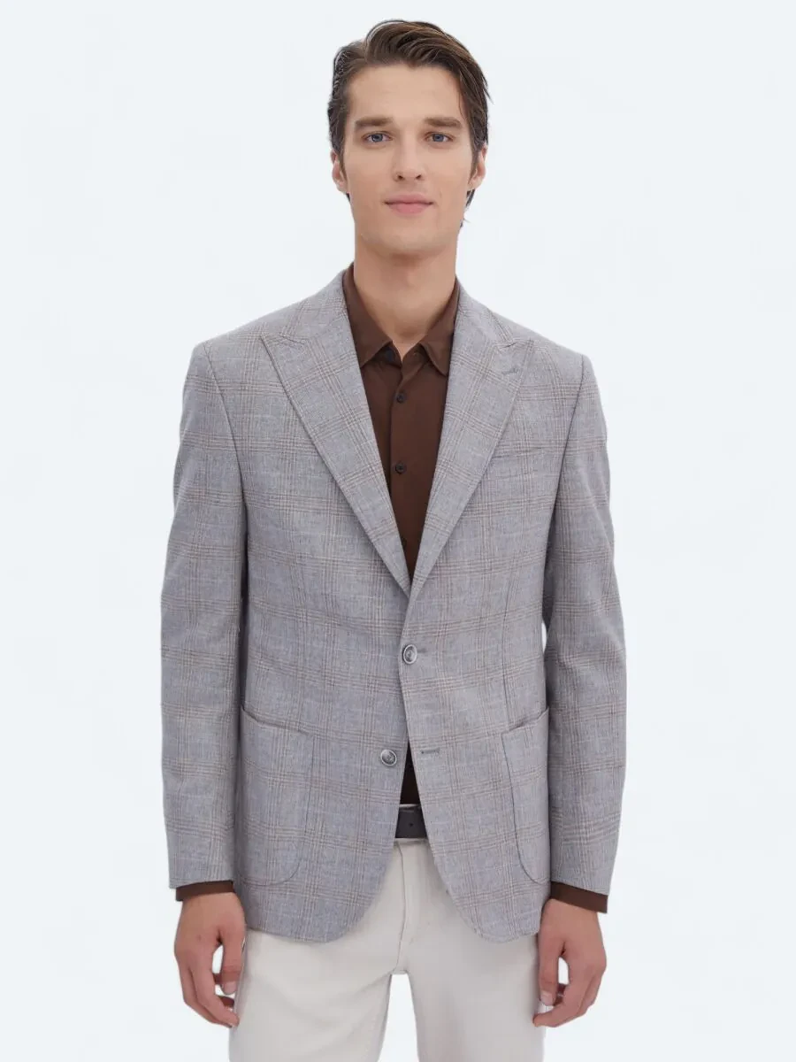 Grey Checkered Slim Fit Wool Blended Jacket - 1