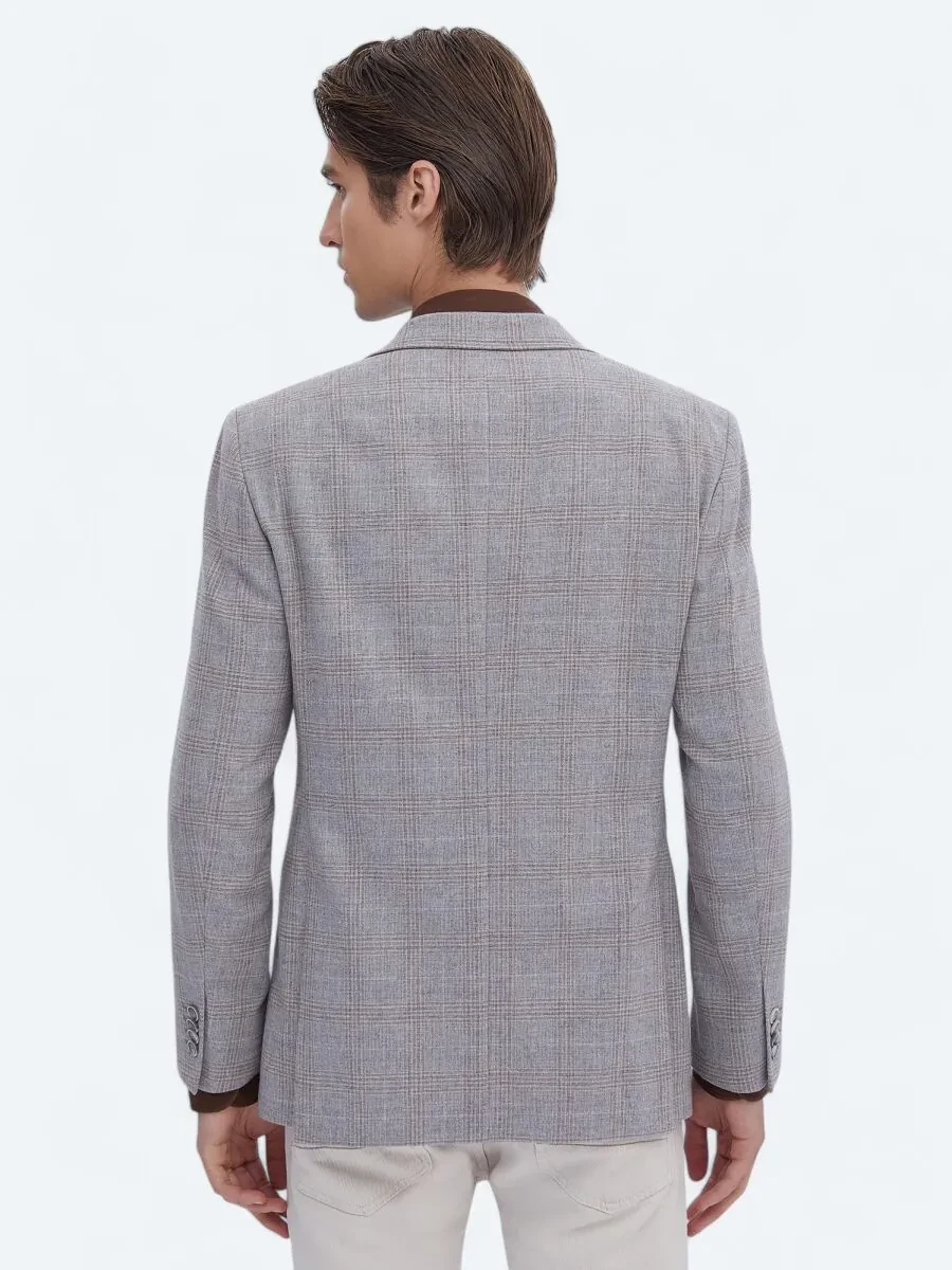 Grey Checkered Slim Fit Wool Blended Jacket - 5