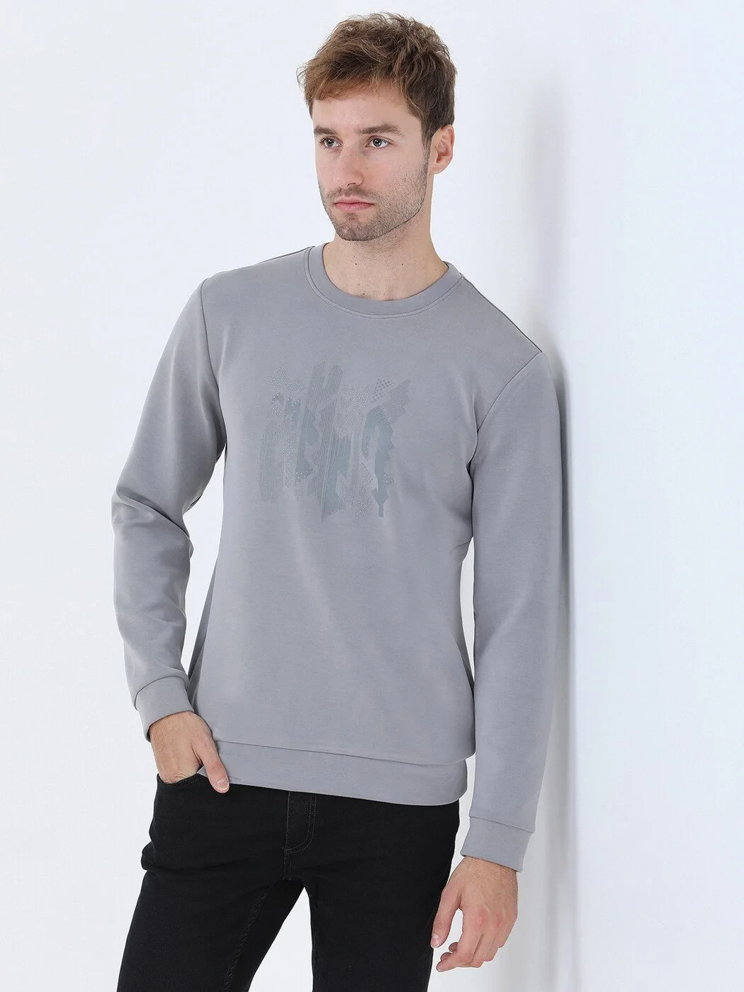 Grey Crew Neck Printed Sweatshirt - 1