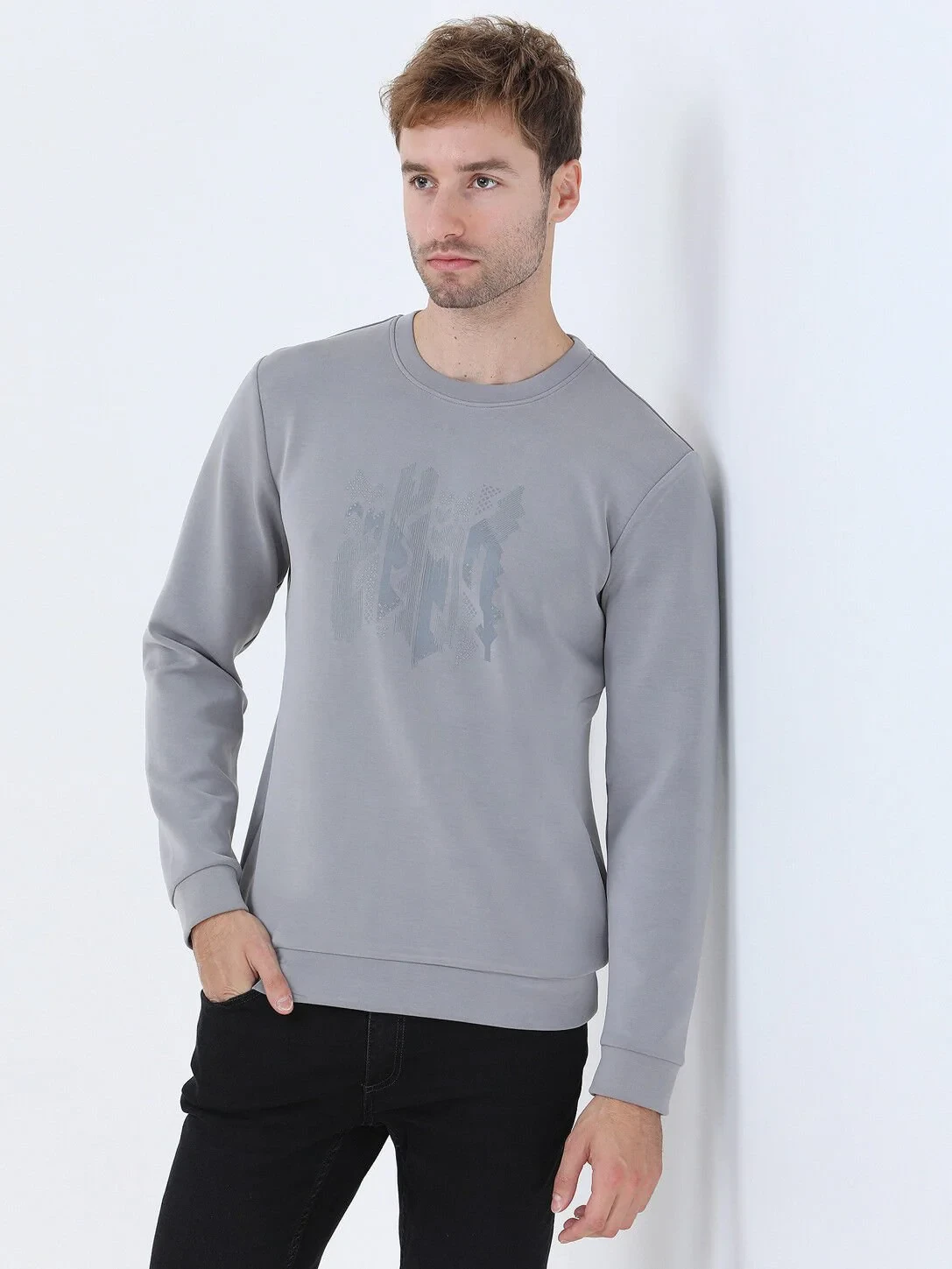 Grey Crew Neck Printed Sweatshirt - 1