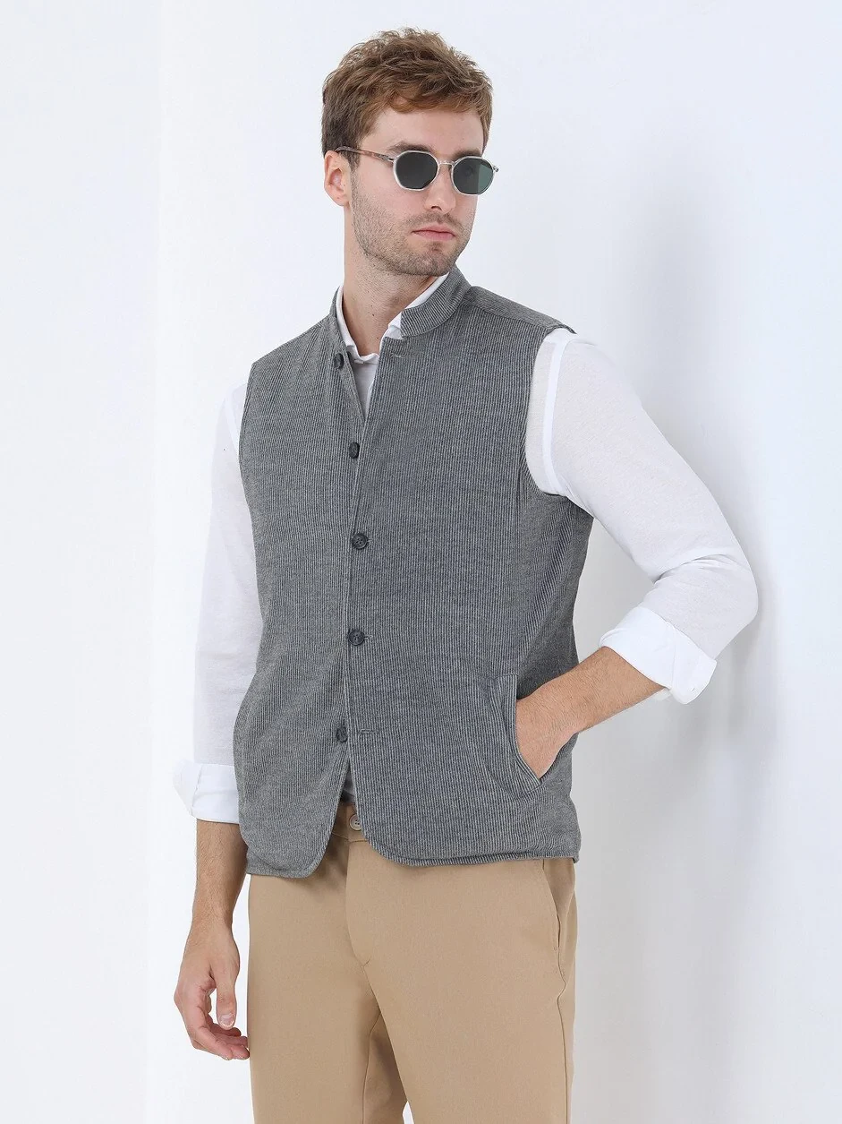 Grey Double-Sided Weaving Puffer Vest - 1
