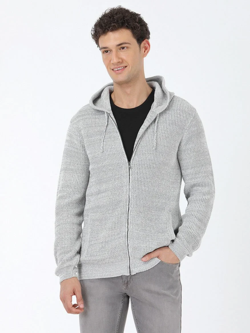 Grey Hooded Wool Blended Cardigan - 1