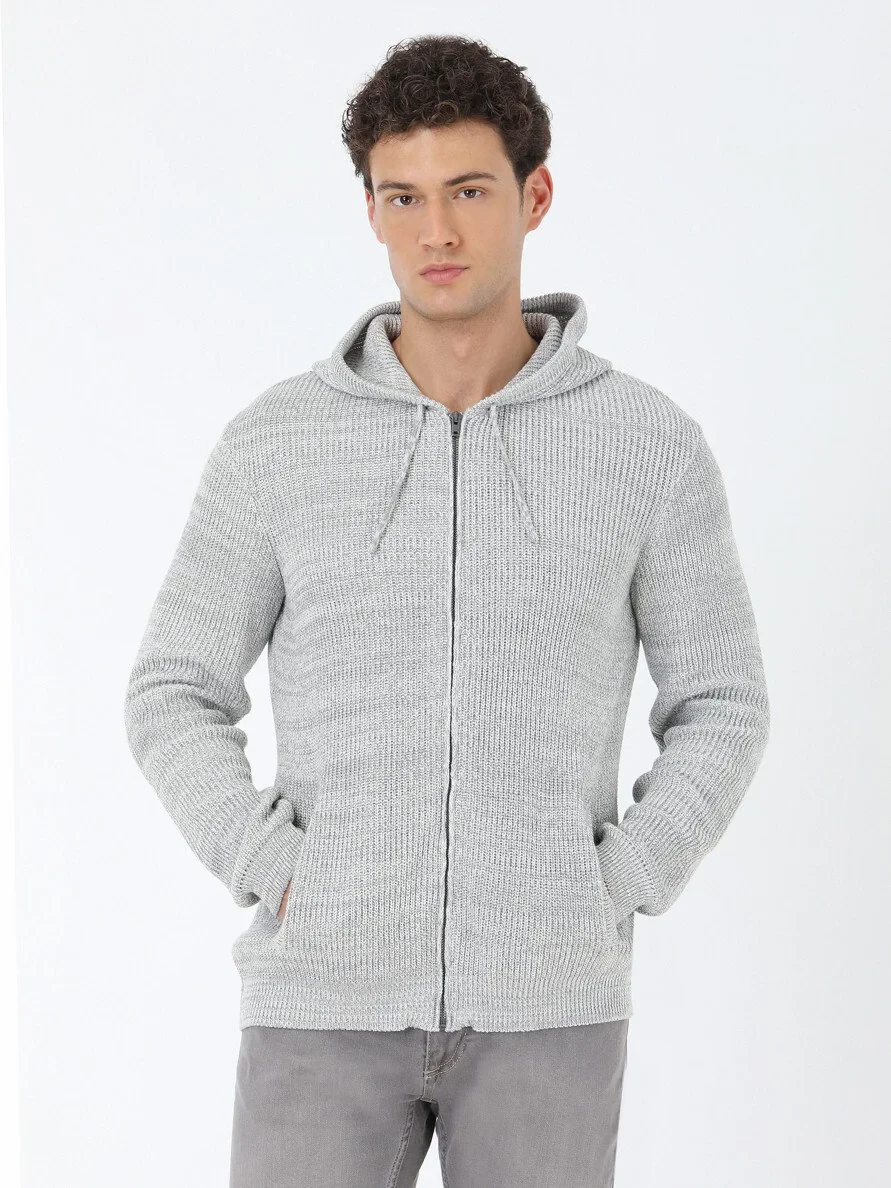 Grey Hooded Wool Blended Cardigan - 2