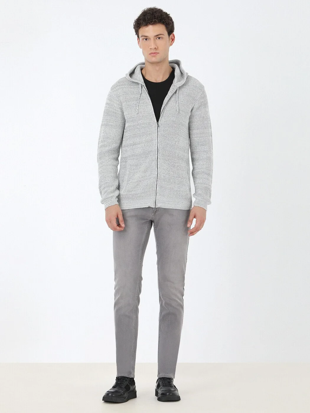 Grey Hooded Wool Blended Cardigan - 3