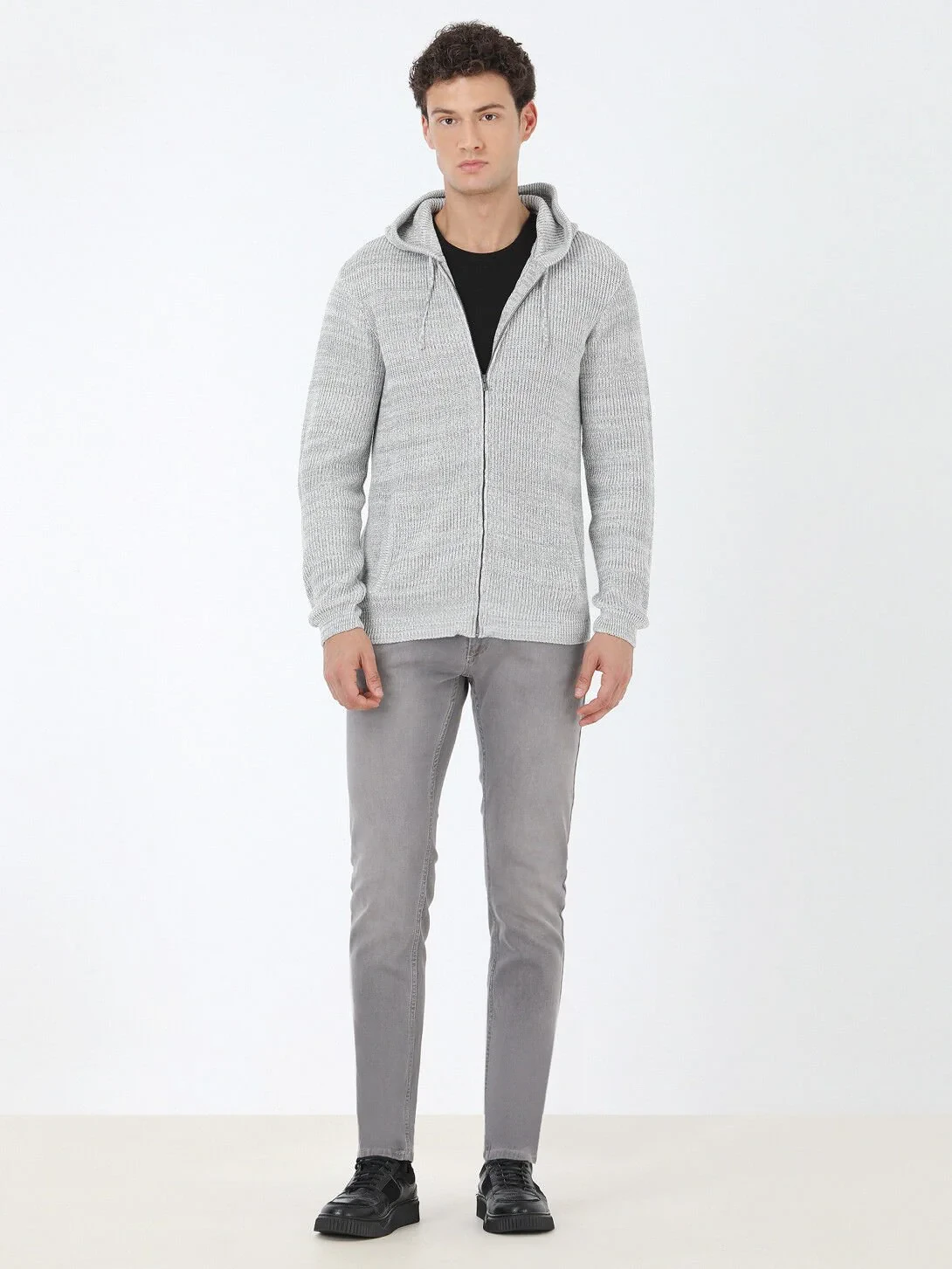 Grey Hooded Wool Blended Cardigan - 3