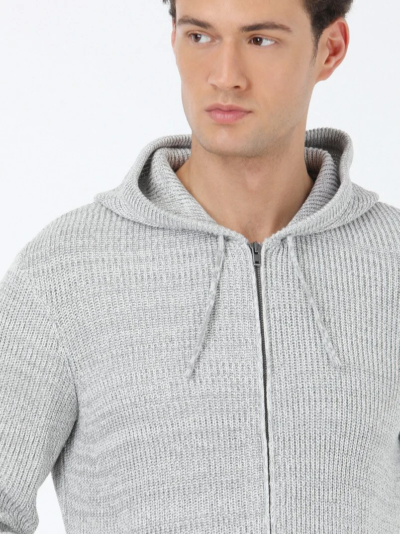 Grey Hooded Wool Blended Cardigan - 4