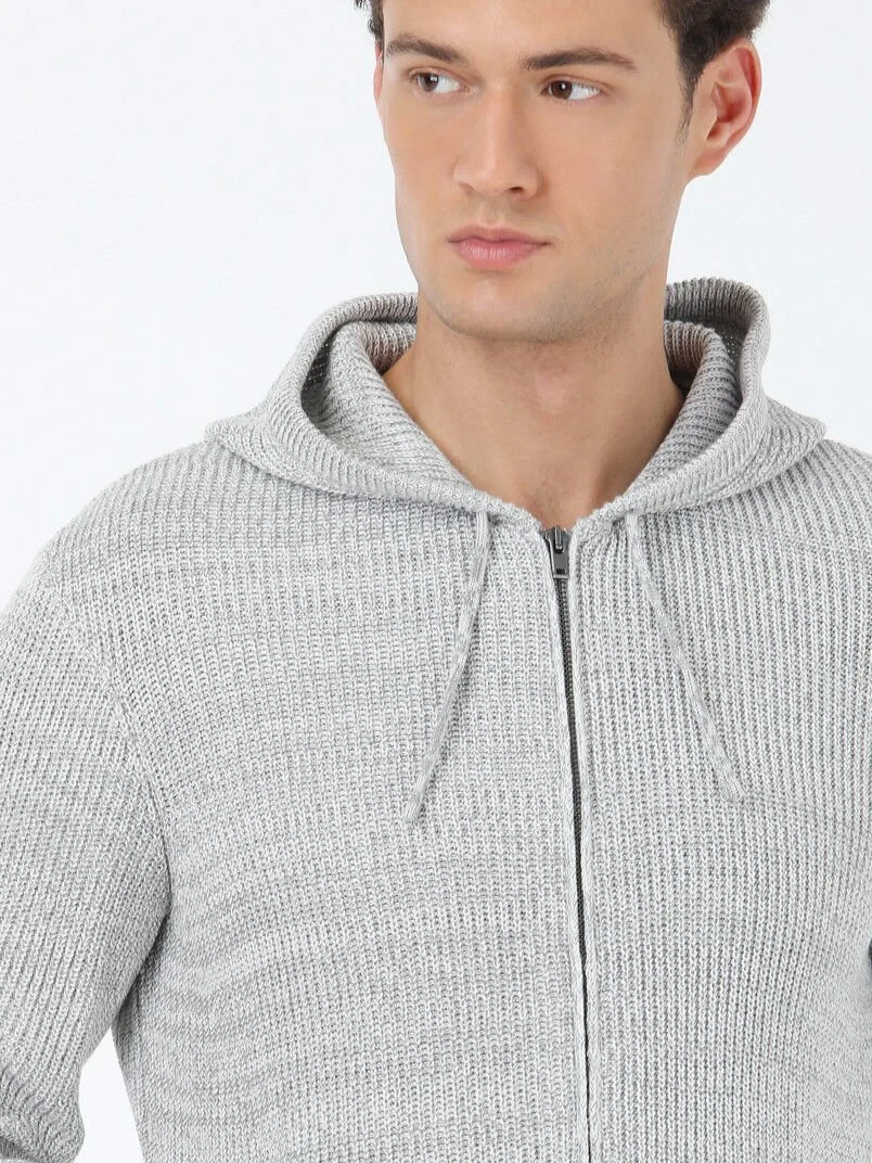 Grey Hooded Wool Blended Cardigan - 4