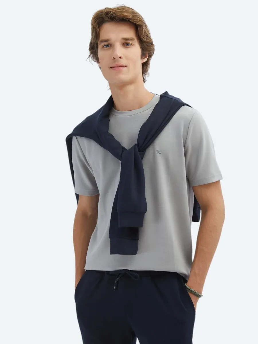 Grey Plain Crew Neck T-Shirt - 1