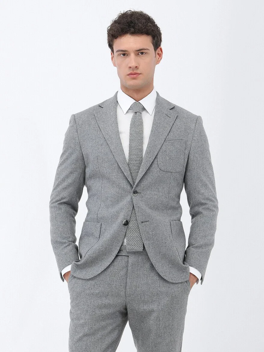 Grey Plain Modern Fit Wool Blended Suit - 1