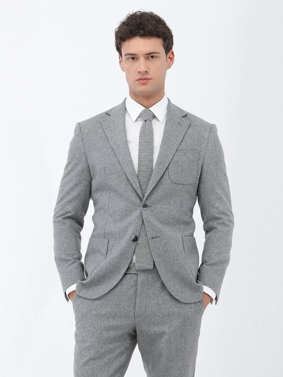 Grey Plain Modern Fit Wool Blended Suit - 1