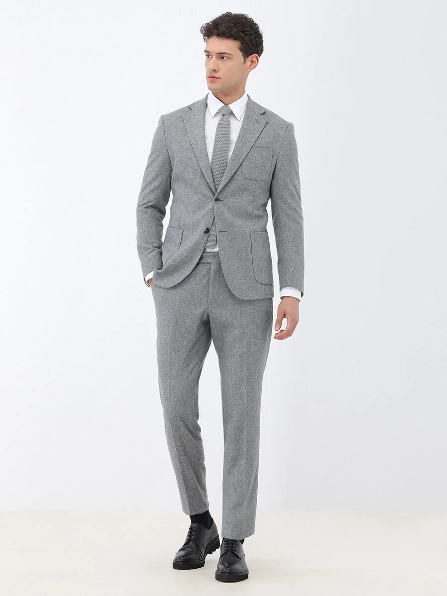 Grey Plain Modern Fit Wool Blended Suit - 2