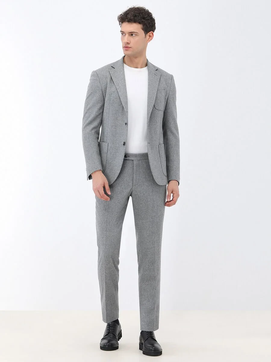 Grey Plain Modern Fit Wool Blended Suit - 4