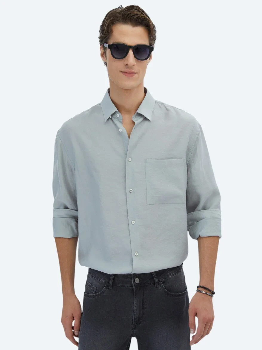 Grey Plain Oversize Fit Weaving Casual Shirt - 1