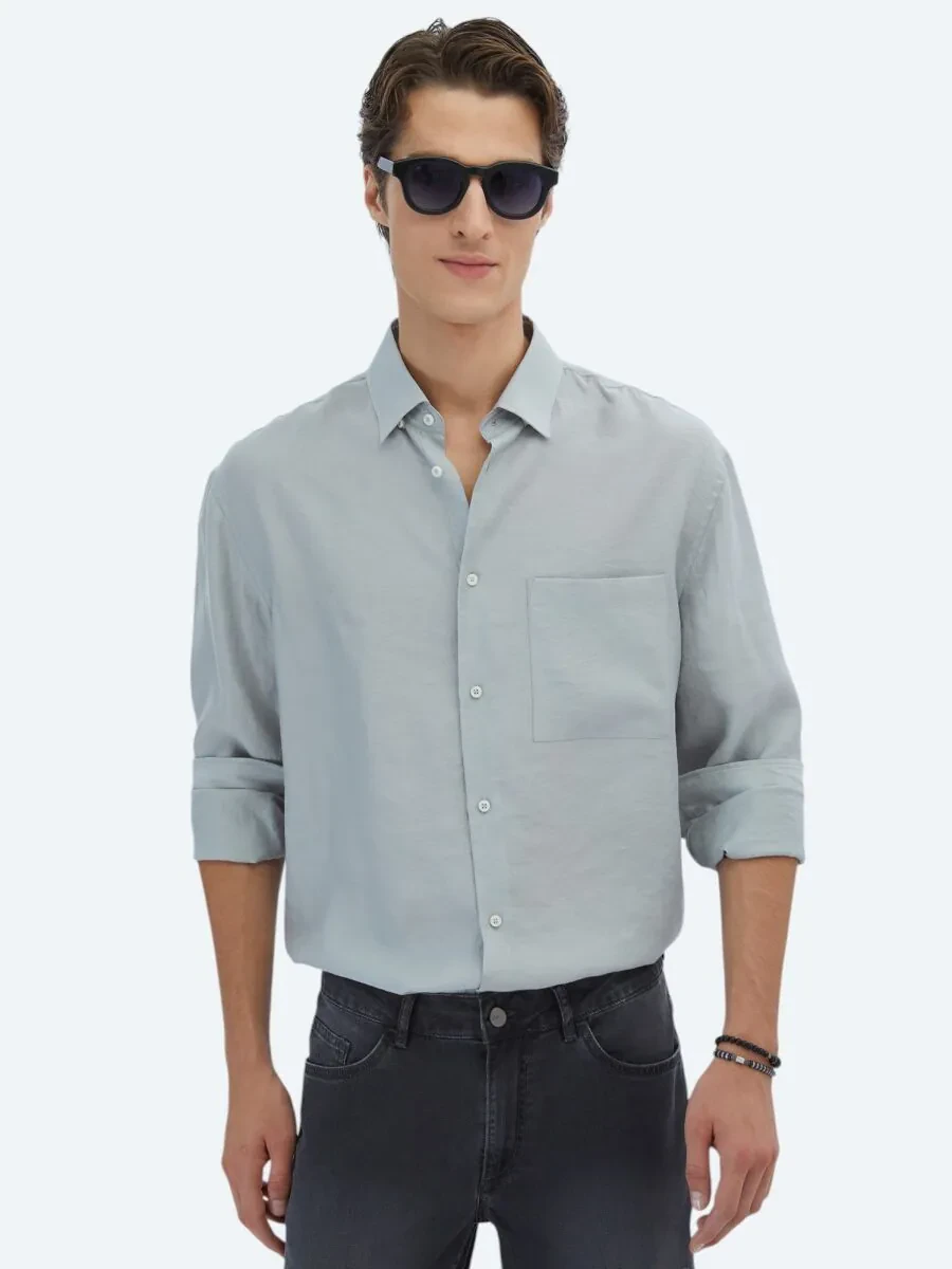 Grey Plain Oversize Fit Weaving Casual Shirt - 1