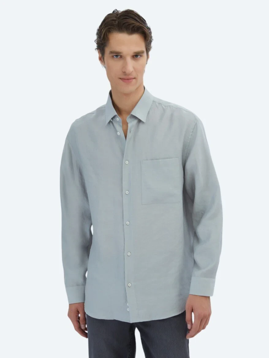 Grey Plain Oversize Fit Weaving Casual Shirt - 3