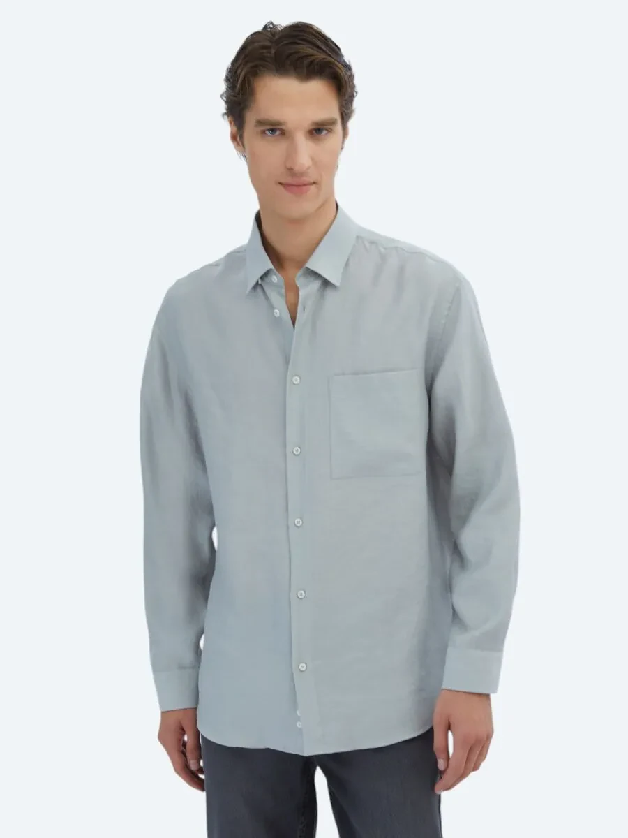 Grey Plain Oversize Fit Weaving Casual Shirt - 3