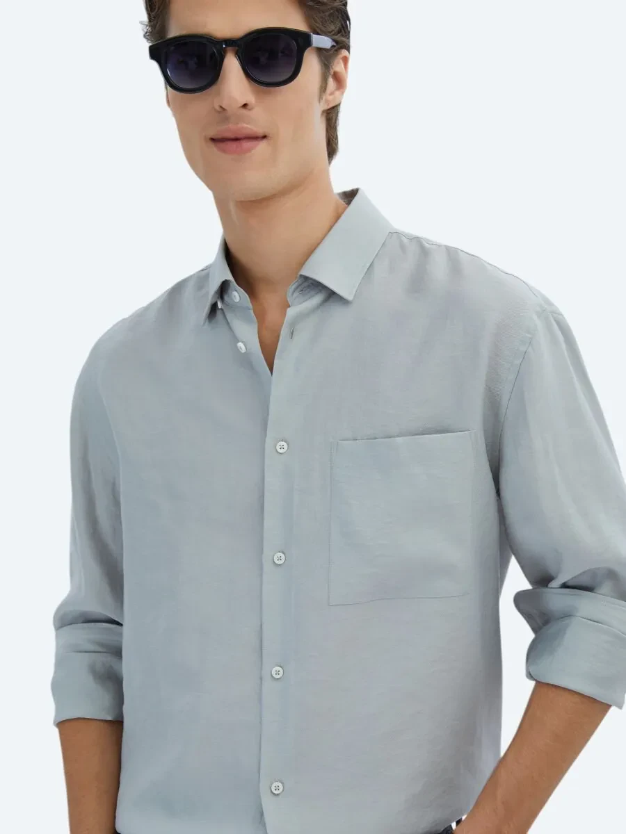 Grey Plain Oversize Fit Weaving Casual Shirt - 4