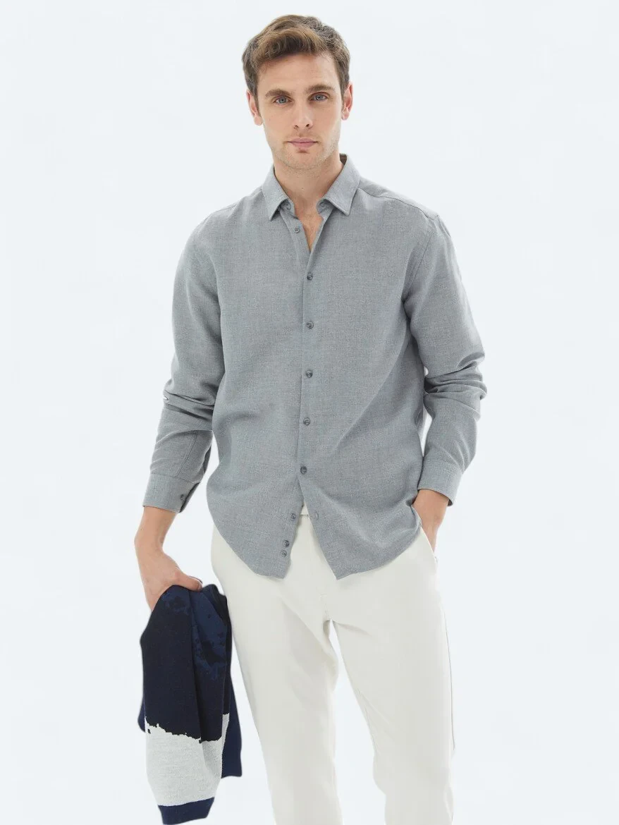 Grey Plain Regular Fit Weaving Casual Cotton Blended Shirt - 1