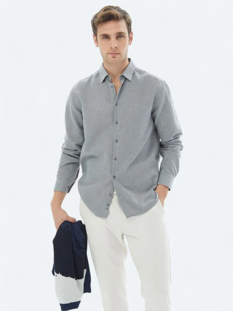 Grey Plain Regular Fit Weaving Casual Cotton Blended Shirt - 1