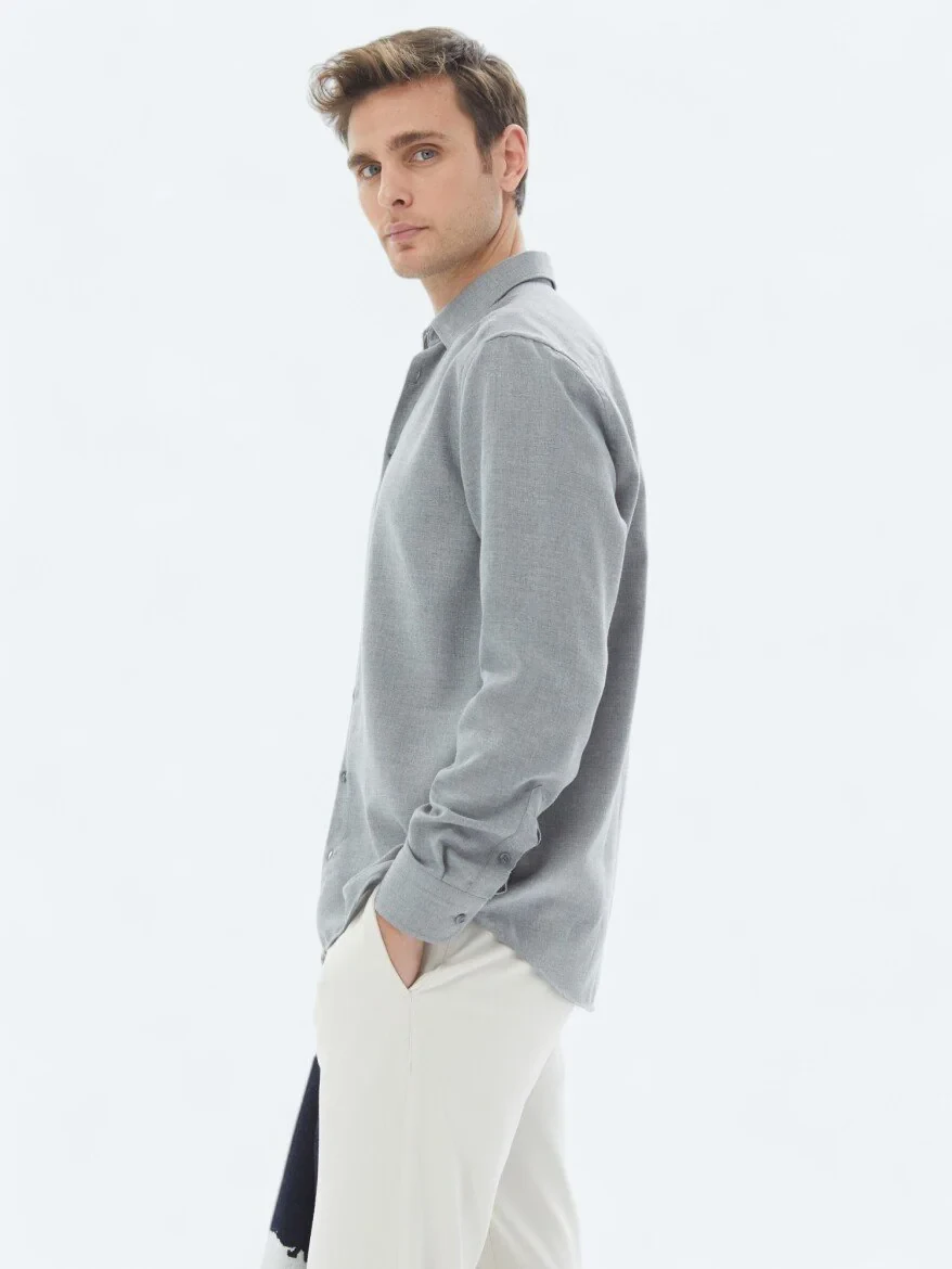 Grey Plain Regular Fit Weaving Casual Cotton Blended Shirt - 4