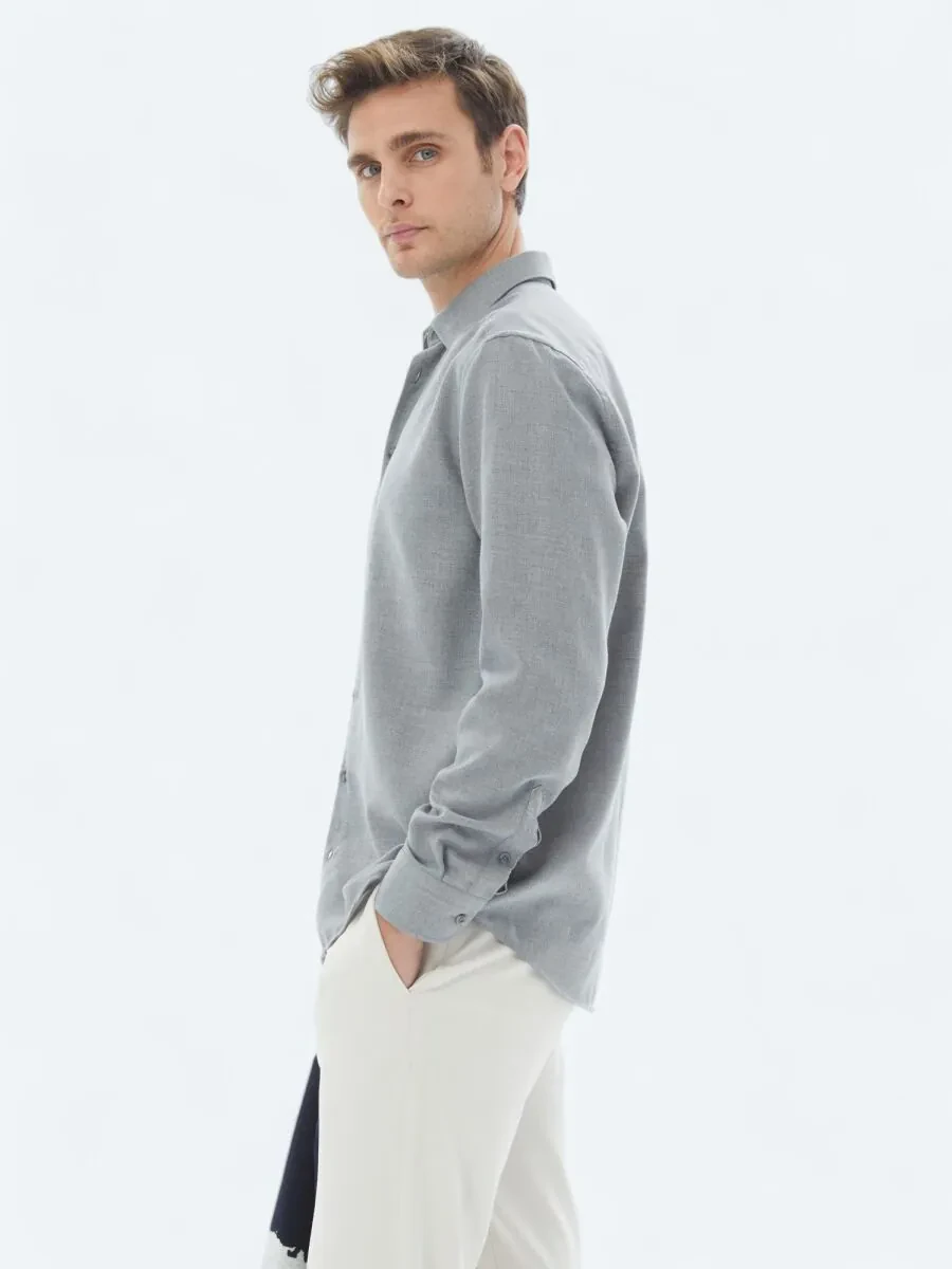 Grey Plain Regular Fit Weaving Casual Cotton Blended Shirt - 4