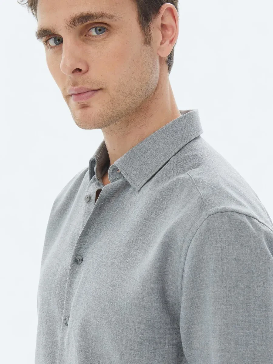 Grey Plain Regular Fit Weaving Casual Cotton Blended Shirt - 5