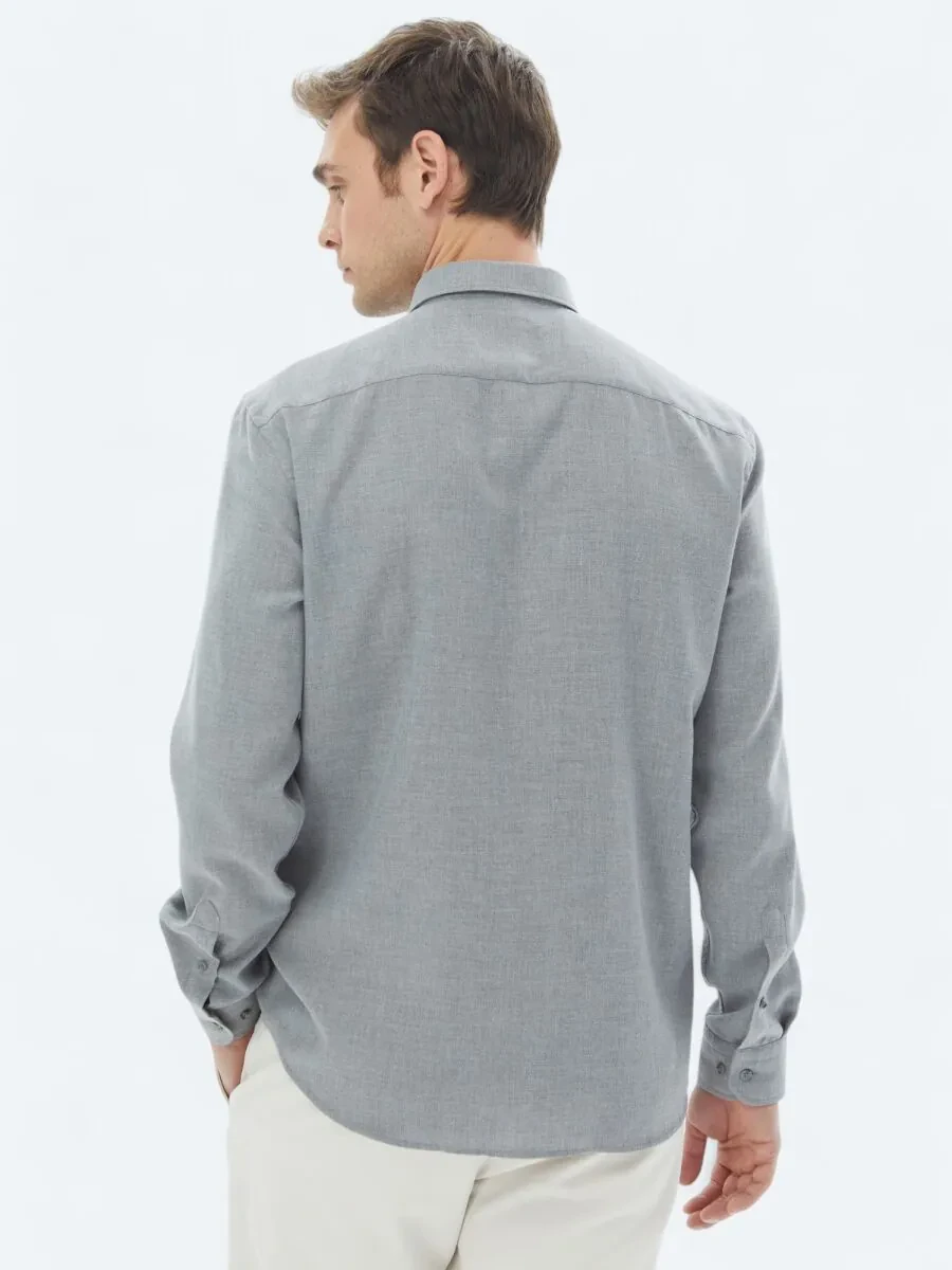 Grey Plain Regular Fit Weaving Casual Cotton Blended Shirt - 6