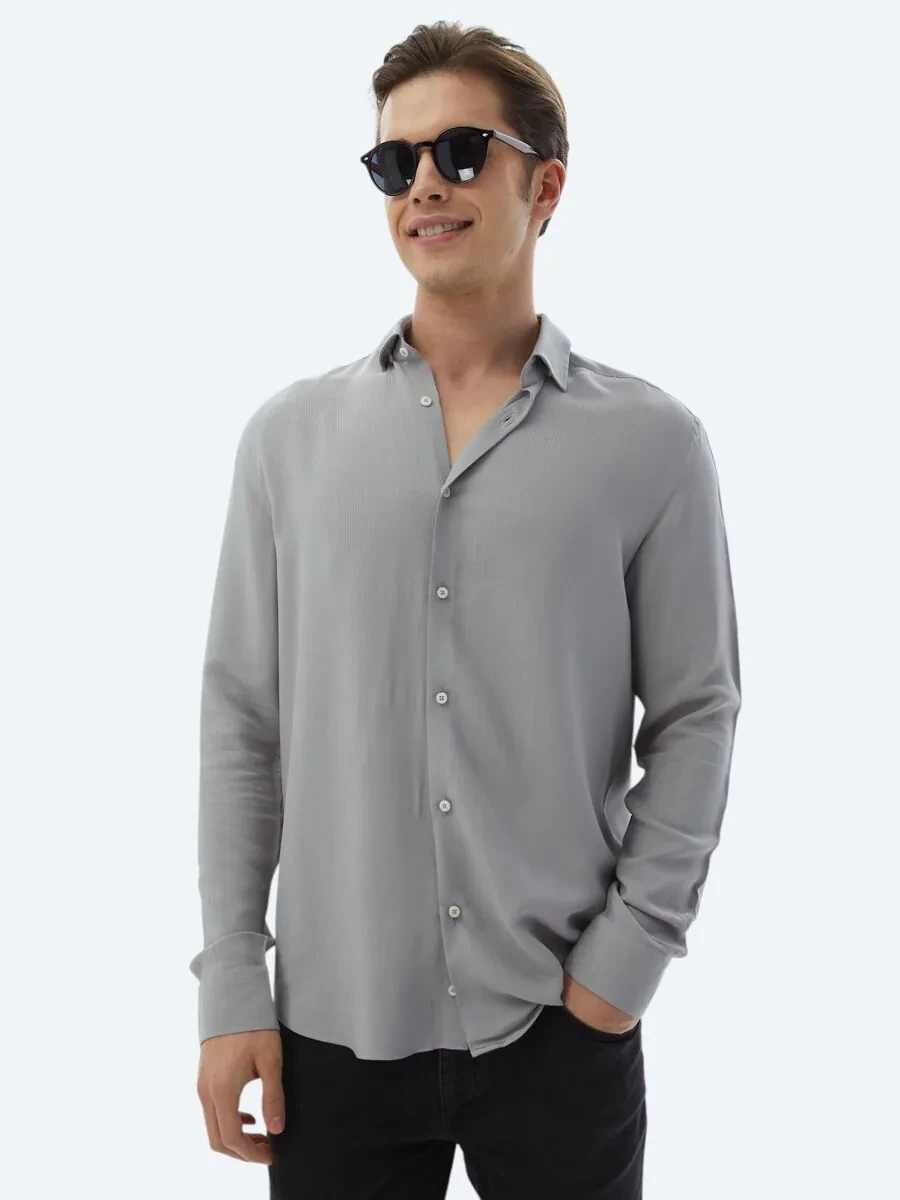 Grey Plain Regular Fit Weaving Casual Shirt - 1