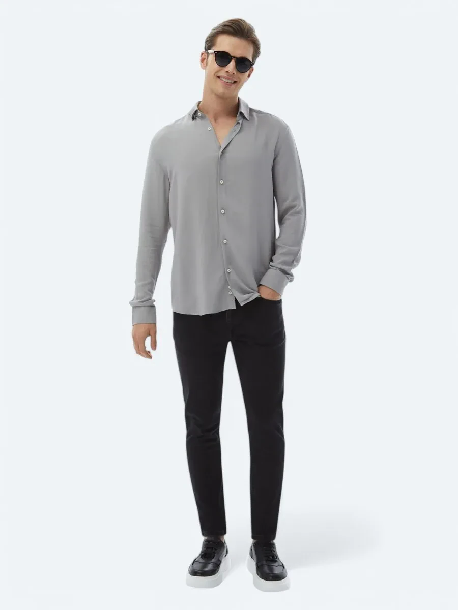 Grey Plain Regular Fit Weaving Casual Shirt - 2