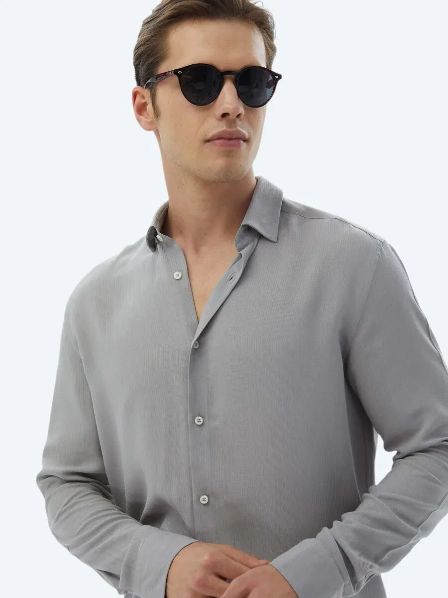 Grey Plain Regular Fit Weaving Casual Shirt - 3