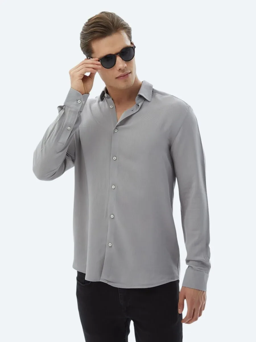 Grey Plain Regular Fit Weaving Casual Shirt - 4