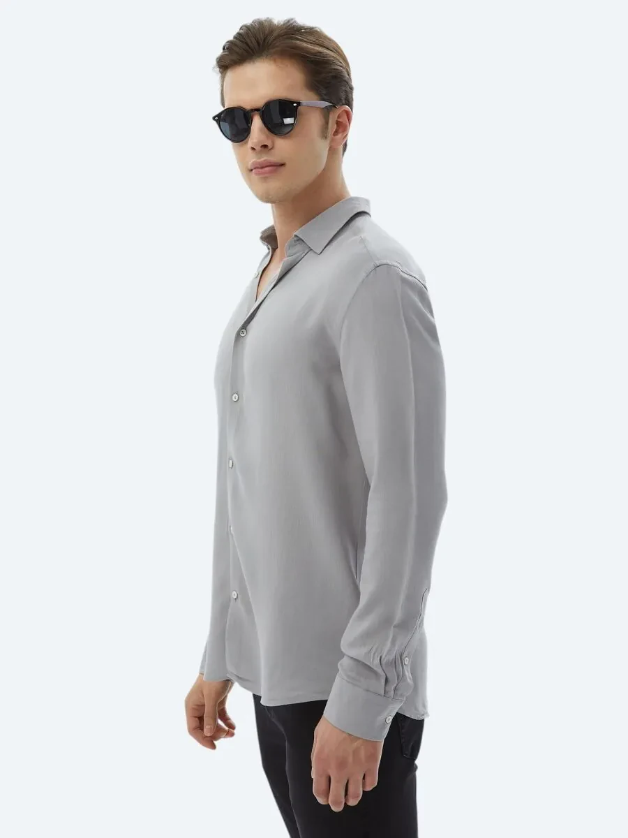 Grey Plain Regular Fit Weaving Casual Shirt - 5