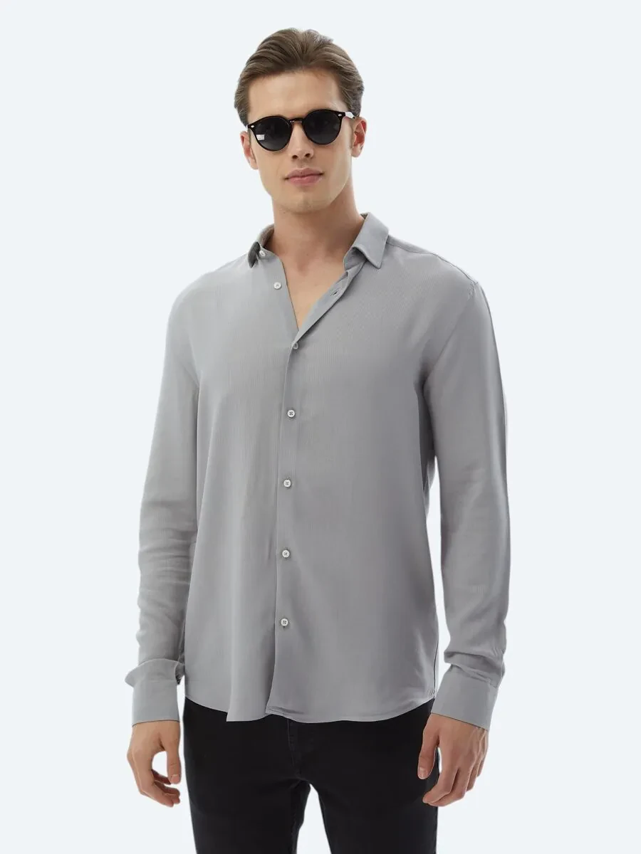 Grey Plain Regular Fit Weaving Casual Shirt - 6