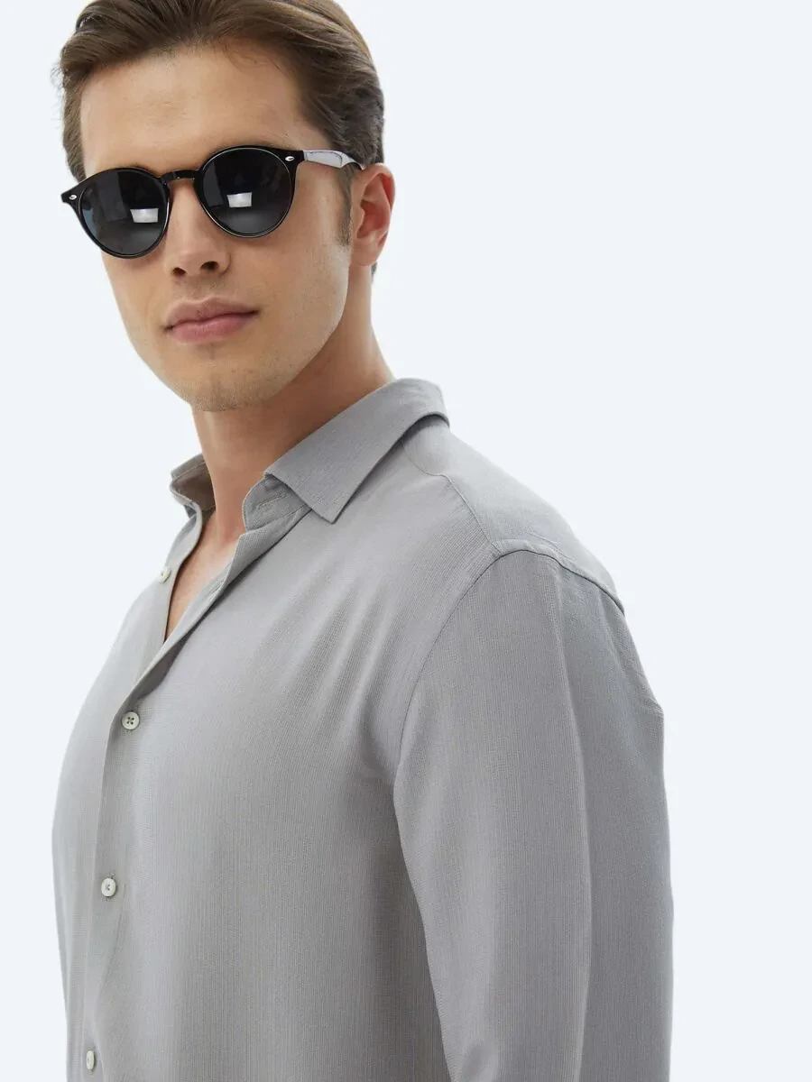Grey Plain Regular Fit Weaving Casual Shirt - 7