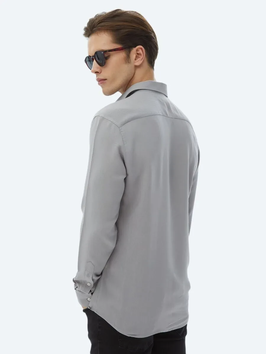Grey Plain Regular Fit Weaving Casual Shirt - 9