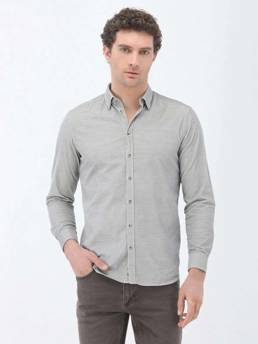 Grey Ribbed Regular Fit Weaving Casual 100% Cotton Shirt - 1