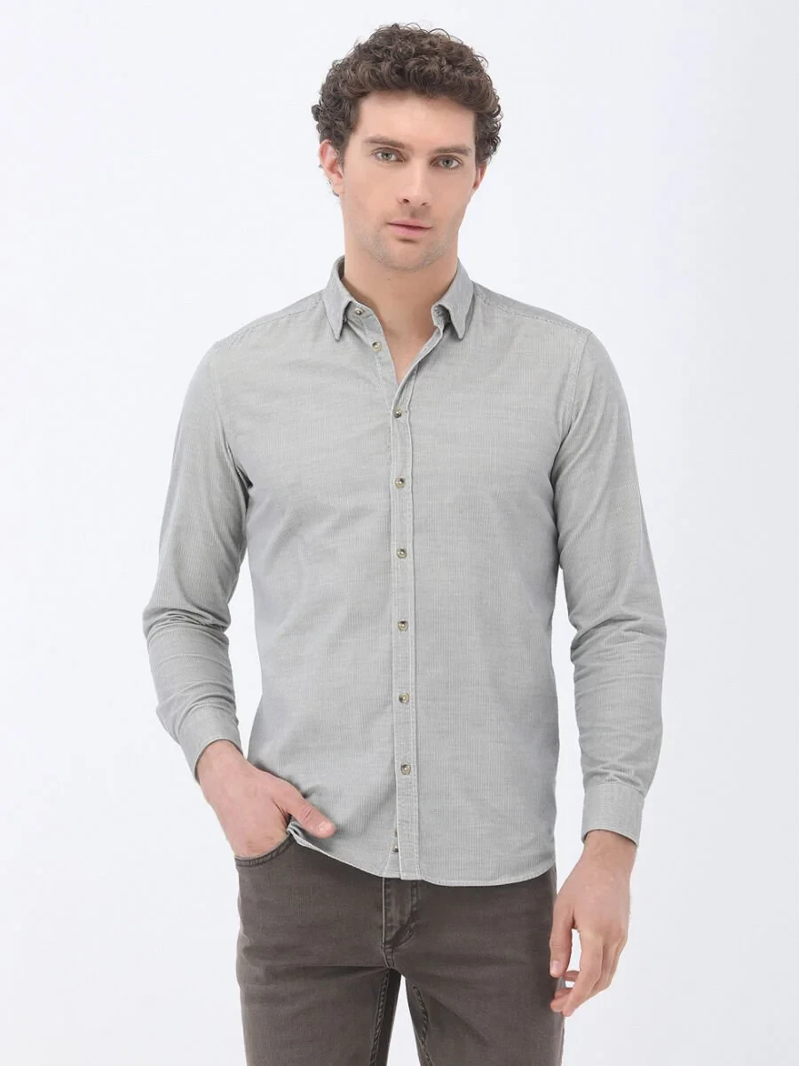 Grey Ribbed Regular Fit Weaving Casual 100% Cotton Shirt - 1