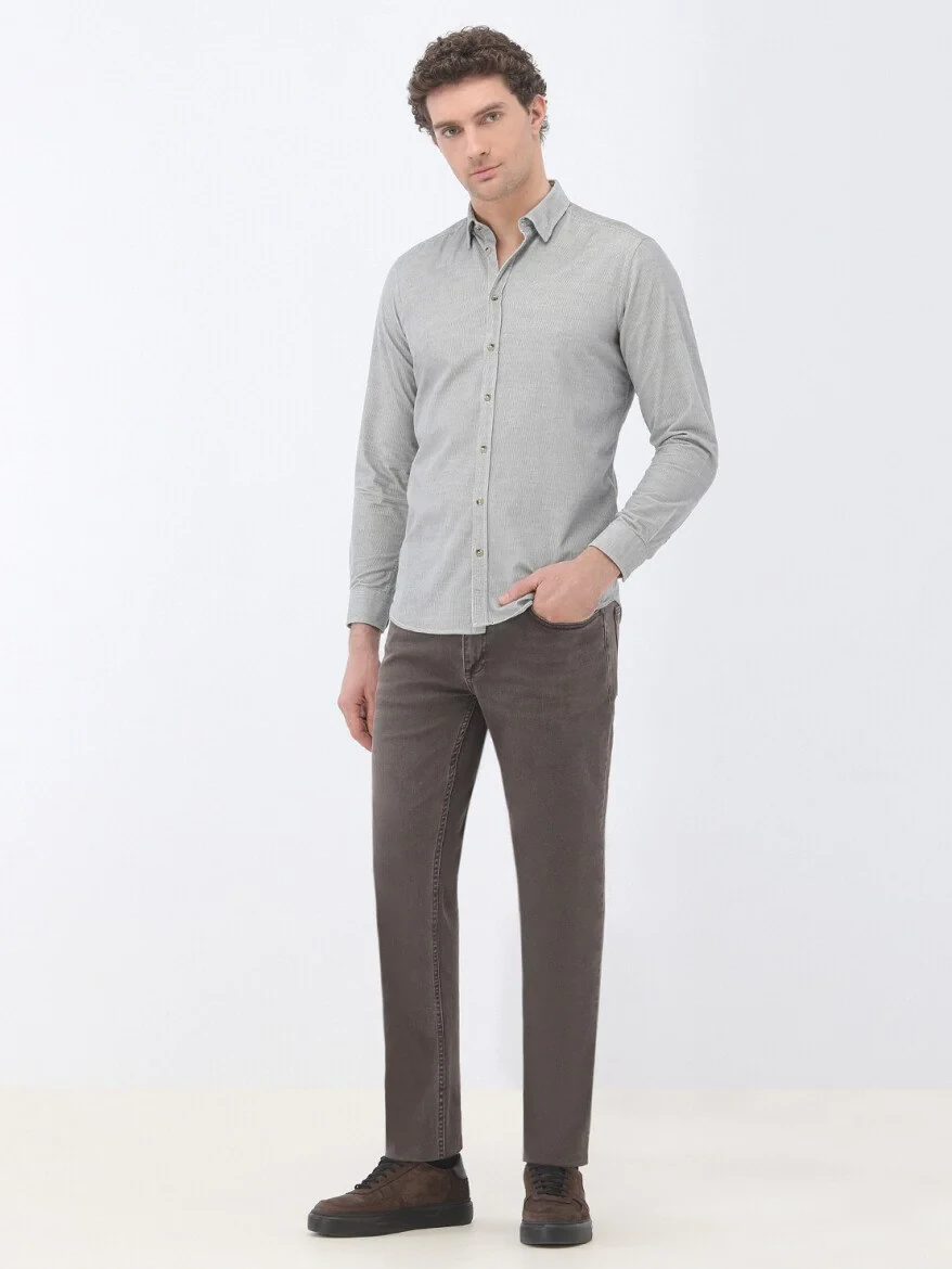 Grey Ribbed Regular Fit Weaving Casual 100% Cotton Shirt - 2